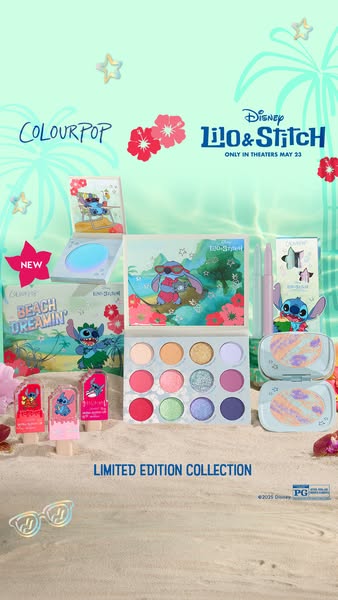 This ad promotes the ColourPop Lilo & Stitch limited edition collection, showcasing various makeup products in a vis