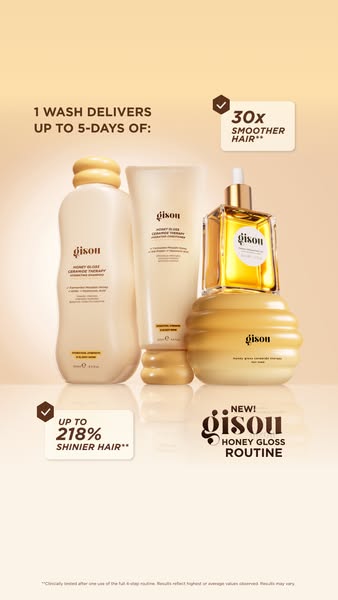 This ad showcases Gisou's Honey Gloss hair care routine, highlighting the shampoo, conditioner, hair oil, and hair m