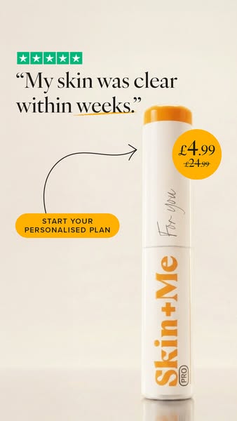 This Skin+Me ad features a customer testimonial about how clear her skin was within weeks. The ad shows a Skin+Me produc