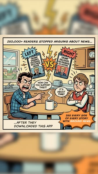 This ad depicts a husband and wife arguing about the news. The ad indicates that after they downloaded Ground News, they