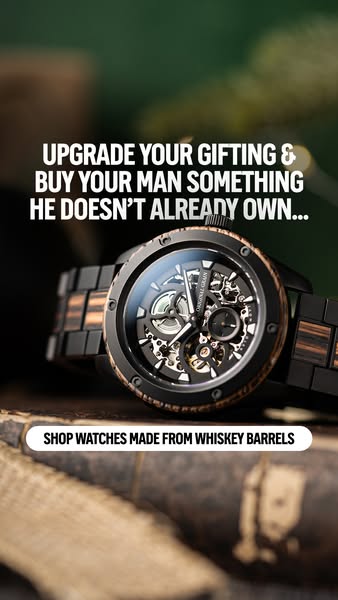 This image ad is advertising wooden watches for men, promoting them as a unique gift.