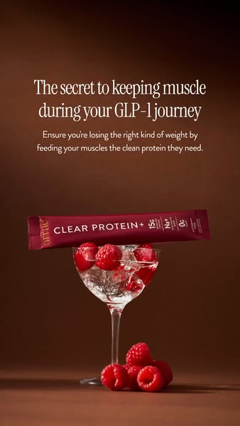 The ad promotes Arrae Clear Protein+ as a way to keep muscle during a GLP-1 weight loss journey. It features the protein