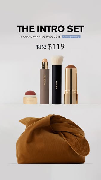 This ad features the Merit 'Intro Set,' consisting of four award-winning beauty products and a signature bag, of