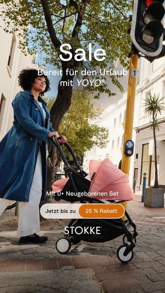 An image ad for Stokke featuring a woman pushing a Stokke YOYO stroller in a city setting. The ad highlights a sale on t