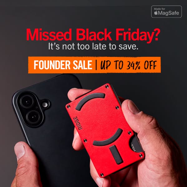 This image ad from Ridge promotes a wallet and highlights the brand's founder sale with up to 34% off. It acknowledg