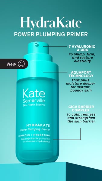 This ad for Kate Somerville HydraKate Power Plumping Primer highlights the product's key ingredients and technologie