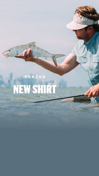 This ad by Poncho features a man standing waist-deep in water, holding a fish he has caught. The focus of the ad is on t