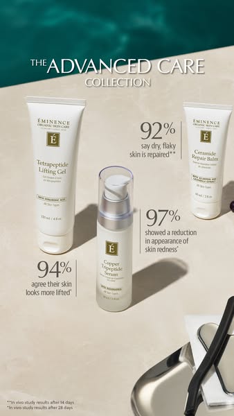 This ad for Eminence Organic Skin Care's Advanced Care Collection features three different products, each paired wit
