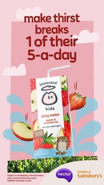 This ad is for Innocent Kids Juicy Water, promoting that the juice drink counts as one of a child's five-a-day servi