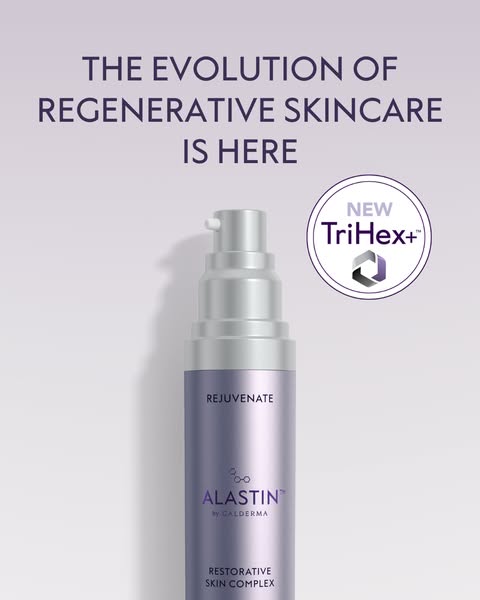 This ad promotes Alastin's Restorative Skin Complex, highlighting its regenerative skincare properties and featuring