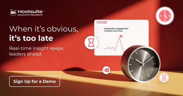 The image ad for Hootsuite features an alarm clock next to a graph that compares competitor engagement versus reach over