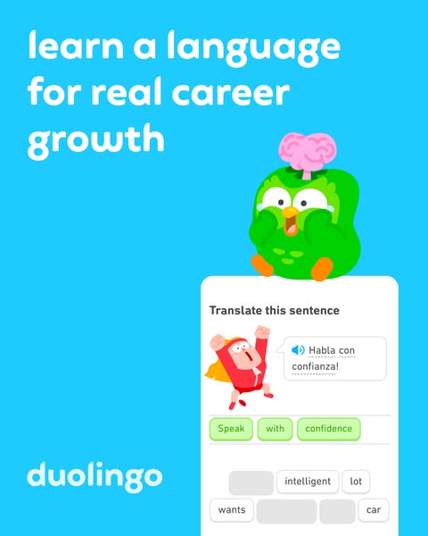 This ad promotes Duolingo, a language learning app. The ad shows a mock-up of the app interface and features the Duoling