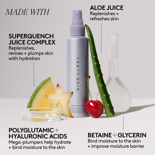 An image ad for Fenty Skin Dew N Plump hydrating nectar face serum. The serum bottle is surrounded by fruit and botanica