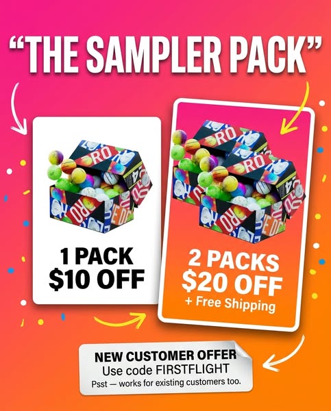 This ad for R.O. Darts advertises a new customer discount on 'The Sampler Pack', along with free shipping when y