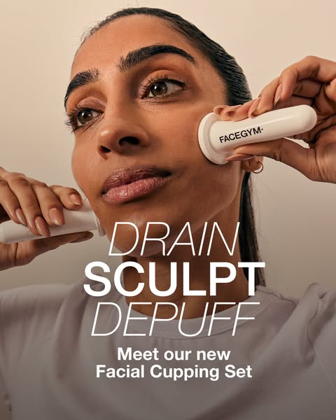 A close up of a woman's face while using a facial cupping set. The text highlights the sculpting and depuffing benif