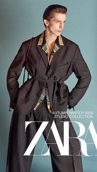 An image ad for Zara’s Autumn Winter 2026 Studio Collection featuring a model wearing a striped gray suit with a matchin