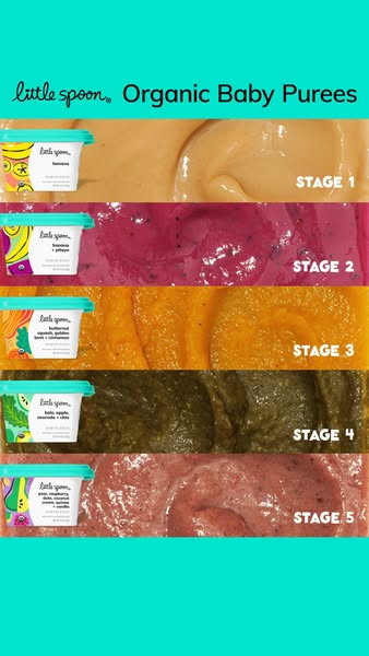This ad showcases Little Spoon's organic baby purees, highlighting the different stages of food textures and ingredi