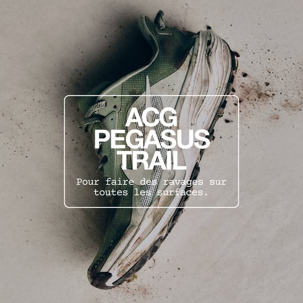 This ad features a slightly used ACG Pegasus Trail running shoe, set against a neutral background with scattered dirt. T