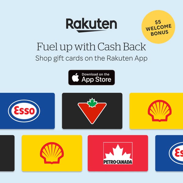 This image ad for Rakuten promotes cash back rewards for purchasing gift cards through their app. It features several ga