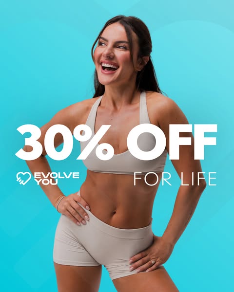This image ad for EvolveYou features a smiling woman in athletic wear against a blue background, promoting a 30% off off