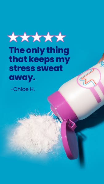 This social media image ad features a testimonial quote, promoting a product designed to combat stress sweat. The ad fea