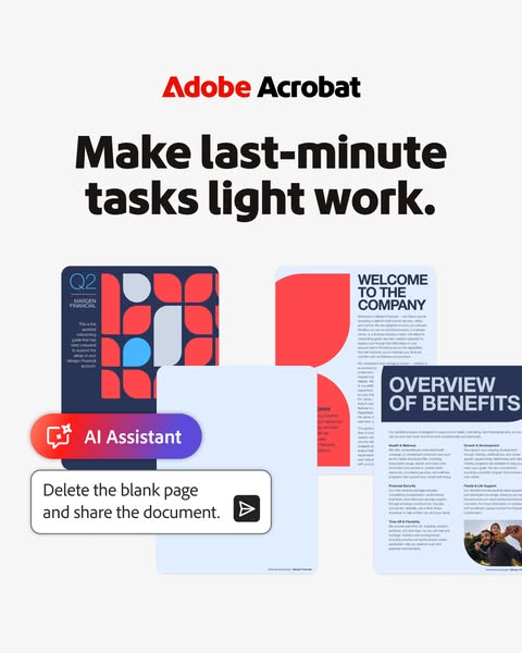 This ad for Adobe Acrobat promotes its AI assistant, focusing on how it can help make last-minute tasks light work by ea