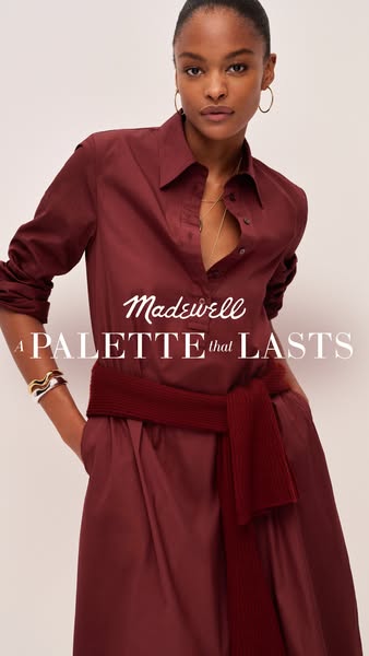 This ad features a woman wearing a Madewell dress and sweater. The ad highlights the color of the dress and sweater, cal