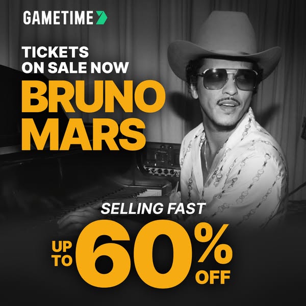 This ad promotes tickets to see Bruno Mars using the Gametime app, with an offer of up to 60% off.