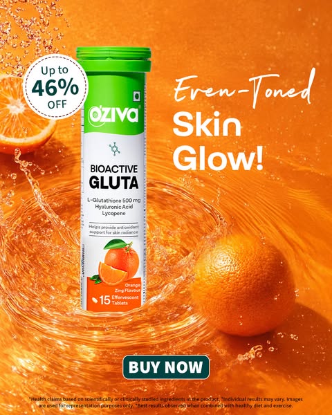 This image ad promotes OZiva Bioactive Gluta, featuring claims of even-toned skin glow due to its L-Glutathione, Hyaluro