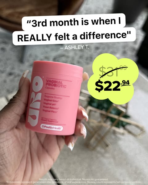 The image promotes Positiv Health Vaginal Probiotic Capsules by showcasing a testimonial from a satisfied customer regar