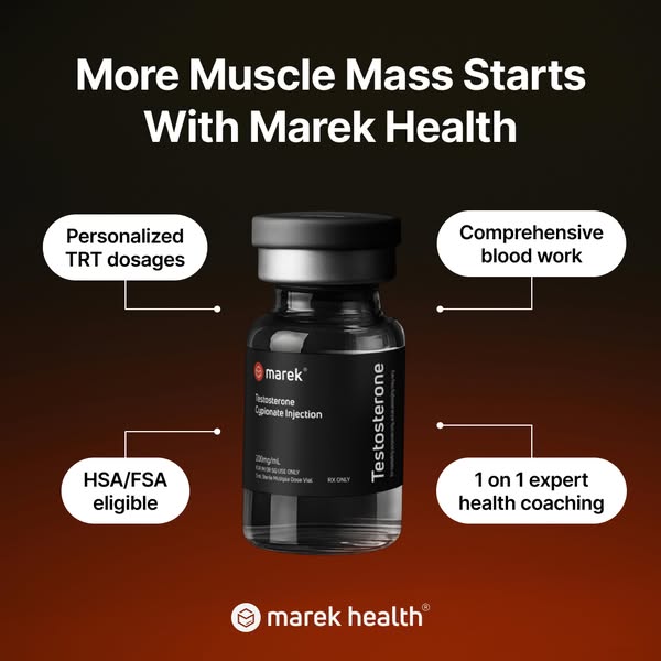 This image ad for Marek Health highlights the benefits of its testosterone replacement therapy (TRT), which include pers