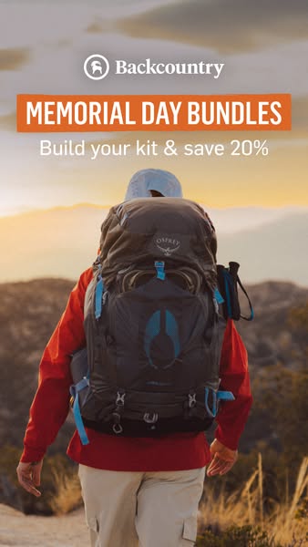 This image ad for Backcountry promotes Memorial Day bundles with a 20% discount, showcasing a hiker with a fully-equippe