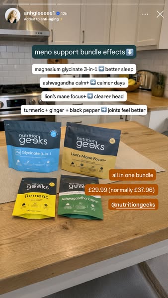 An image ad in the style of an organic Instagram Story promotes the Nutrition Geeks "meno support bundle effects&qu