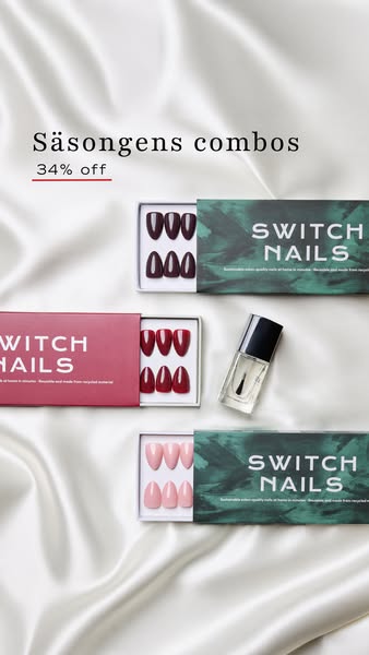 An ad showcasing three different colors of Switch Nails, a reusable nail product.