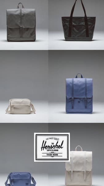 This ad showcases a variety of bags from Herschel in a simple, clean product-focused layout. The brand's logo is pro