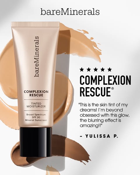 This ad for bareMinerals Complexion Rescue features a product shot with a five-star review from a customer who raves abo