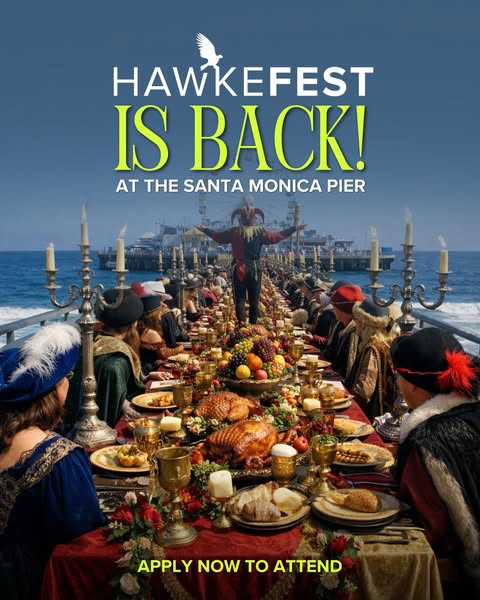 This image ad promotes Hawkefest, an event held at the Santa Monica Pier, featuring a grand banquet with attendees in Re