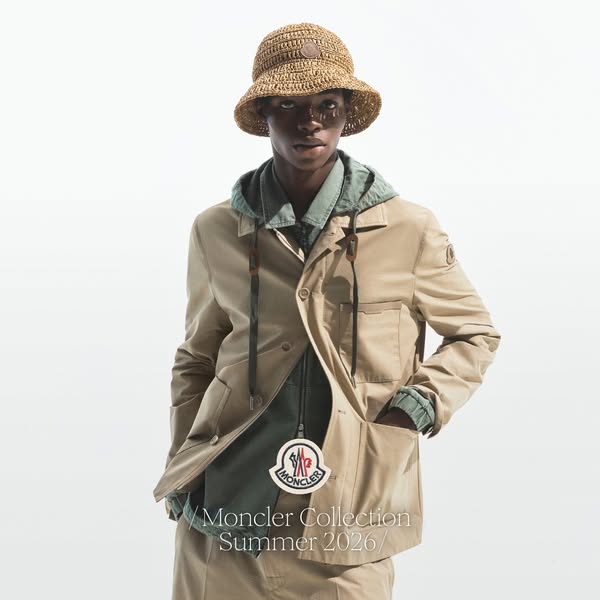 This image ad promotes Moncler's collection for the summer of 2026, featuring a model wearing items from the collect