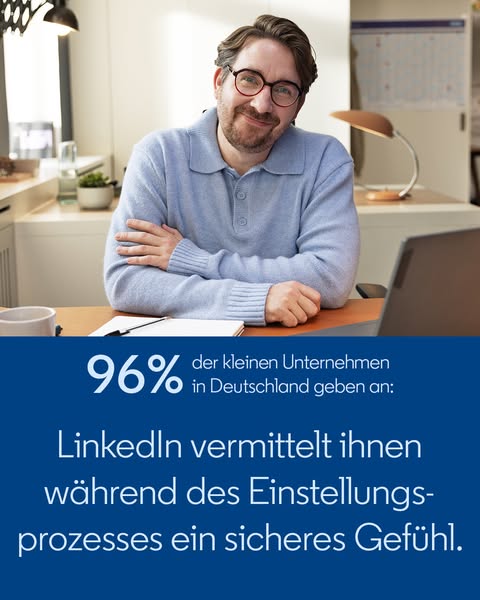 This image ad features a man sitting at his desk and shares that 96% of small businesses in Germany indicate that Linked