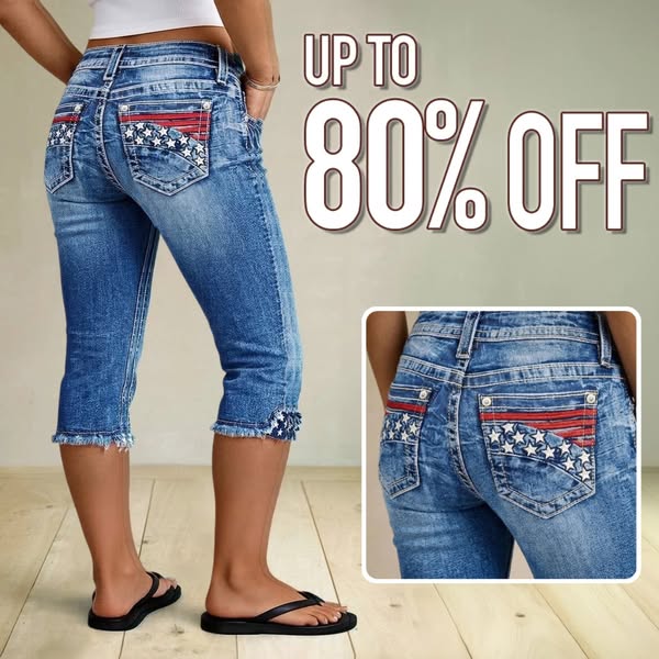 A single image ad for jeans. The ad features a pair of capri jeans with red, white, and blue stars on the pockets, along