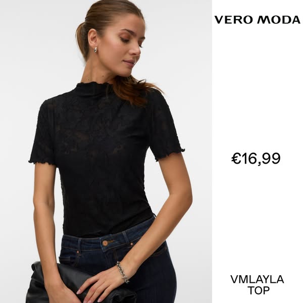 This image ad showcases a woman wearing a VERO MODA top that is being sold for €16,99. A bag and bracelet complete the l