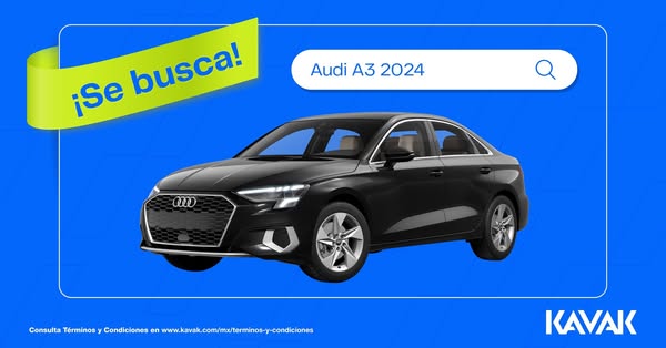 This ad shows the Audi A3 2024 in front of a bright blue background with a search bar overlay. The overall creative dire