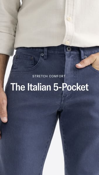 This ad promotes "The Italian 5-Pocket" pants, emphasizing their stretch comfort.