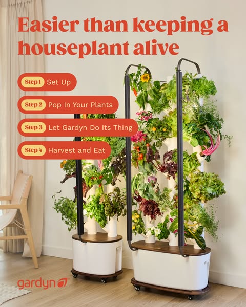 An ad for Gardyn, an indoor vertical gardening system, highlights how simple it is to grow food indoors, by demonstratin