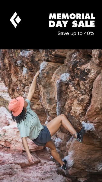 An image ad for Black Diamond's Memorial Day Sale shows a climber scaling a rock face to promote savings of up to 40
