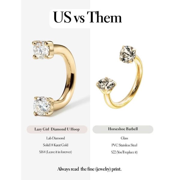 This ad compares a high-quality lab diamond U hoop from the brand to a lower-quality, disposable horseshoe barbell. The 