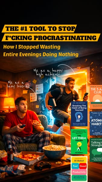 The ad shows a split-screen comparison of a man before and after using productivity tools. The 'before' side sho