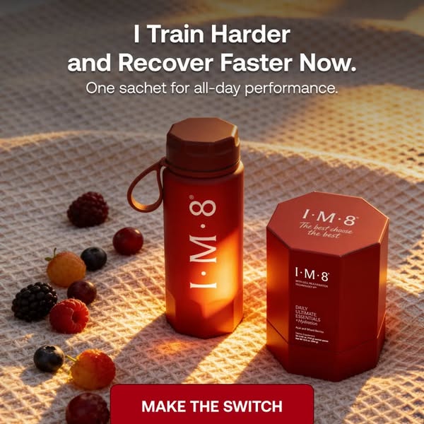 This ad promotes I-M-8 as a way to train harder and recover faster. It features the brand's water bottle and a box o
