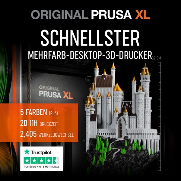 This image ad showcases the Prusa XL 3D printer by highlighting its ability to print detailed, multi-color objects. It s