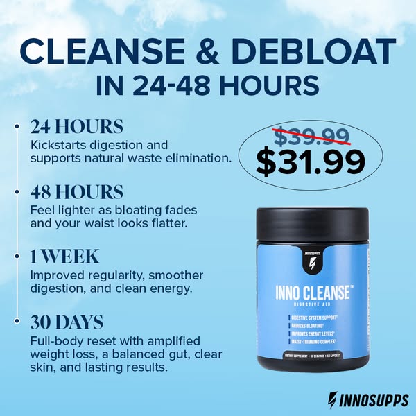 This image ad promotes Inno Supps Inno Cleanse Digestive Aid. It highlights the product's benefits over a timeline o